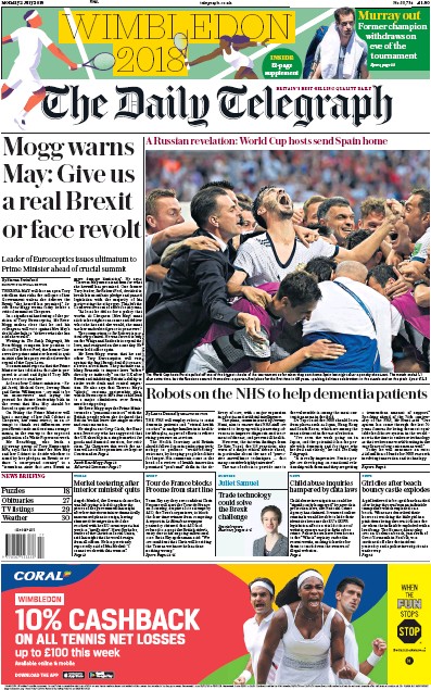 The Daily Telegraph Newspaper Front Page for 2 July 2018