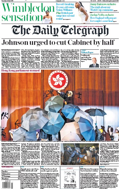 The Daily Telegraph Newspaper Front Page for 2 July 2019