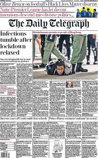 The Daily Telegraph Newspaper Front Page for 2 July 2020