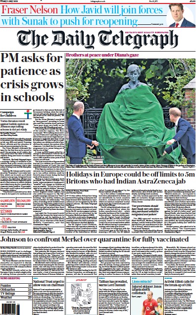 The Daily Telegraph (UK) Newspaper Front Page for 2 July 2021