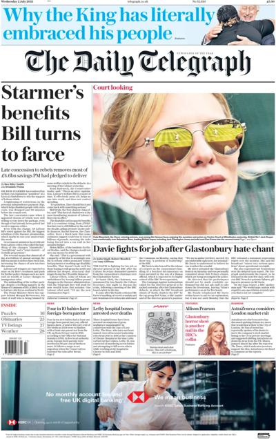 The Daily Telegraph (UK) Newspaper Front Page for 2 July 2025