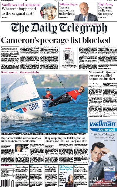 The Daily Telegraph (UK) Newspaper Front Page for 2 August 2016