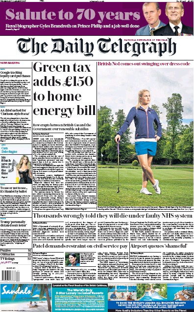 The Daily Telegraph (UK) Newspaper Front Page for 2 August 2017