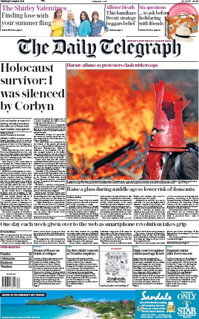 The Daily Telegraph Newspaper Front Page for 2 August 2018