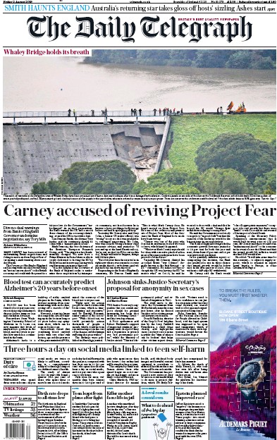 The Daily Telegraph Newspaper Front Page for 2 August 2019