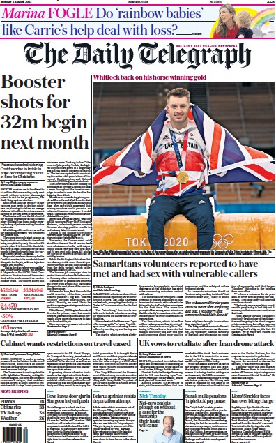 The Daily Telegraph (UK) Newspaper Front Page for 2 August 2021
