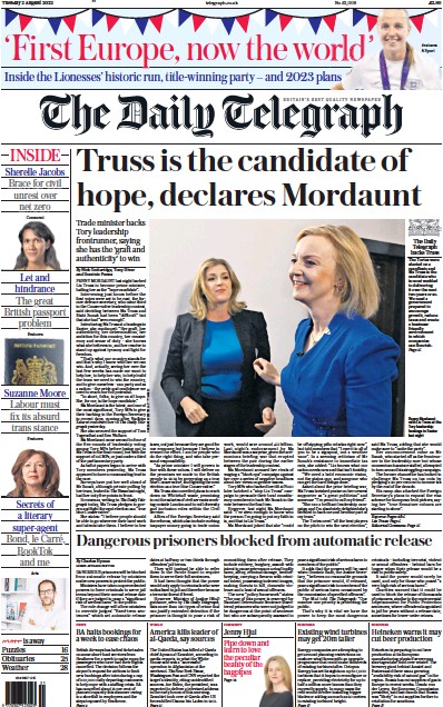 The Daily Telegraph (UK) Newspaper Front Page for 2 August 2022