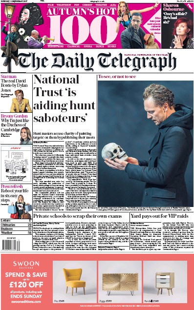 The Daily Telegraph Newspaper Front Page for 2 September 2017