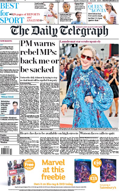 The Daily Telegraph Newspaper Front Page for 2 September 2019