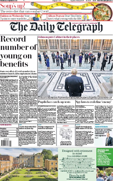 The Daily Telegraph Newspaper Front Page for 2 September 2020