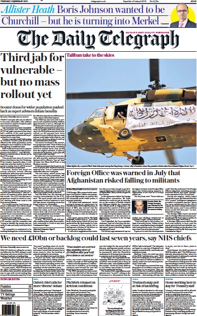 The Daily Telegraph (UK) Newspaper Front Page for 2 September 2021