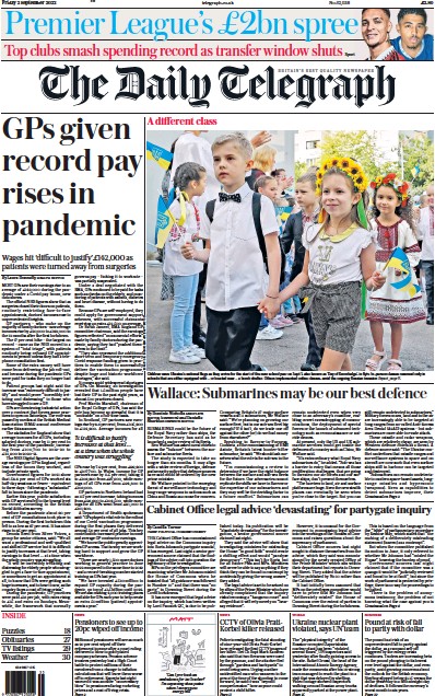 The Daily Telegraph (UK) Newspaper Front Page for 2 September 2022