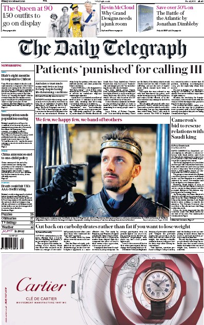 The Daily Telegraph Newspaper Front Page for 30 October 2015