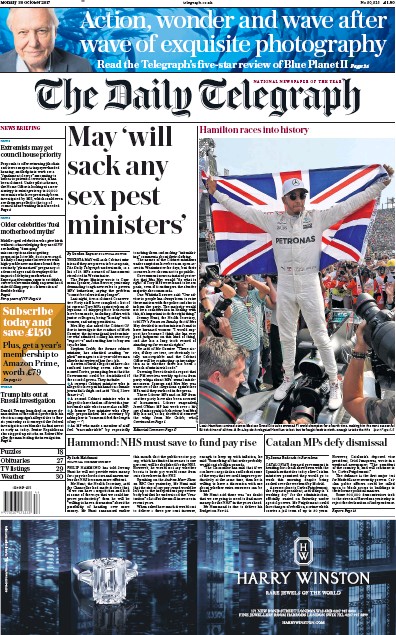 The Daily Telegraph Newspaper Front Page for 30 October 2017