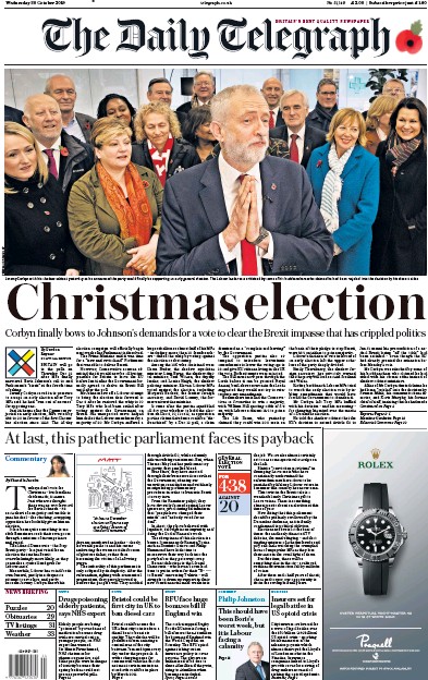 The Daily Telegraph Newspaper Front Page for 30 October 2019