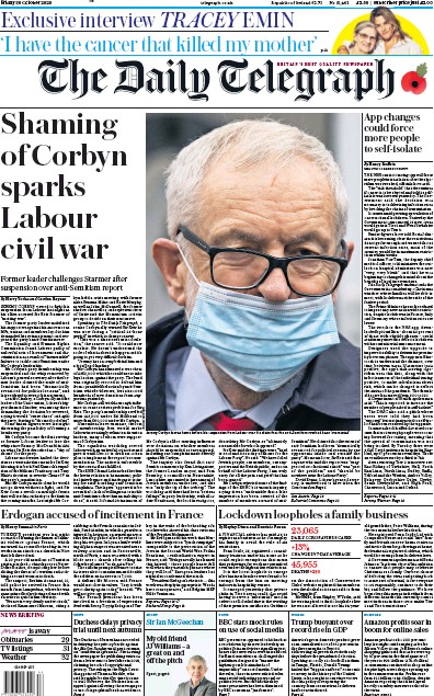 The Daily Telegraph Newspaper Front Page for 30 October 2020