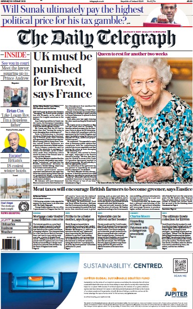 The Daily Telegraph (UK) Newspaper Front Page for 30 October 2021