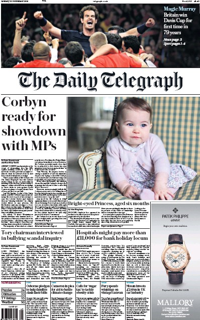 The Daily Telegraph Newspaper Front Page for 30 November 2015
