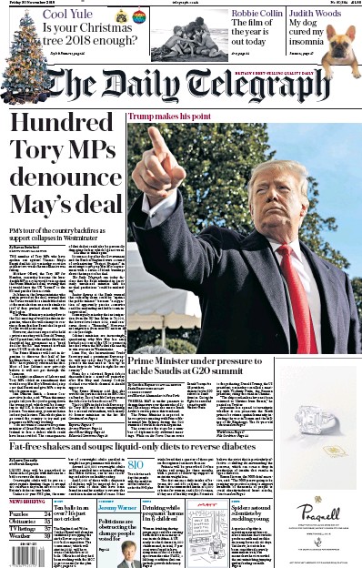 The Daily Telegraph Newspaper Front Page for 30 November 2018