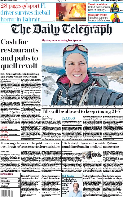 The Daily Telegraph (UK) Newspaper Front Page for 30 November 2020