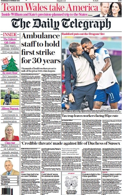 The Daily Telegraph (UK) Newspaper Front Page for 30 November 2022