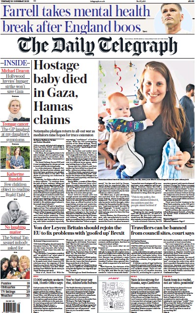 The Daily Telegraph (UK) Newspaper Front Page for 30 November 2023