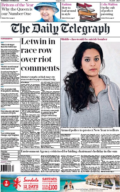The Daily Telegraph Newspaper Front Page for 30 December 2015