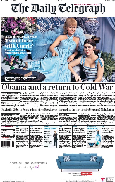 The Daily Telegraph Newspaper Front Page for 30 December 2016