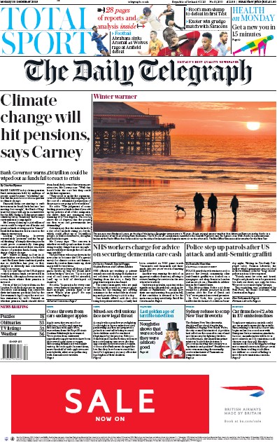 The Daily Telegraph (UK) Newspaper Front Page for 30 December 2019