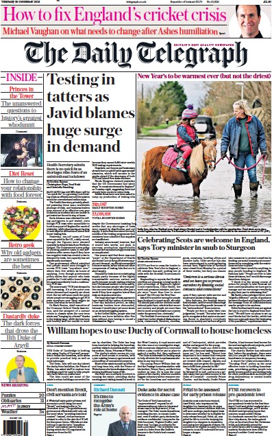 The Daily Telegraph (UK) Newspaper Front Page for 30 December 2021