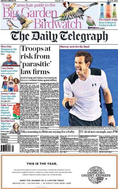 The Daily Telegraph Newspaper Front Page for 30 January 2016