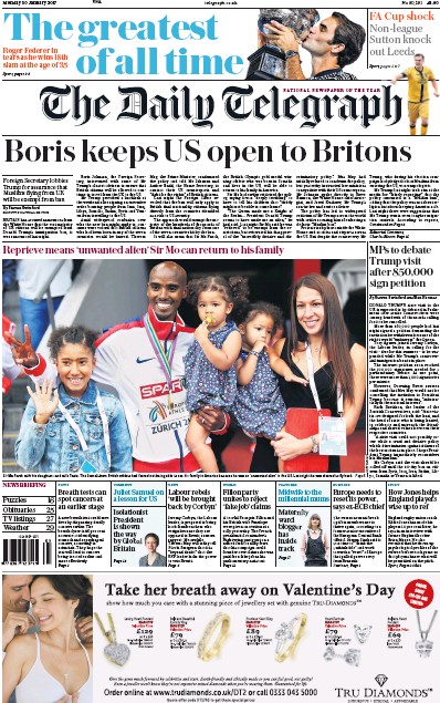 The Daily Telegraph (UK) Newspaper Front Page for 30 January 2017