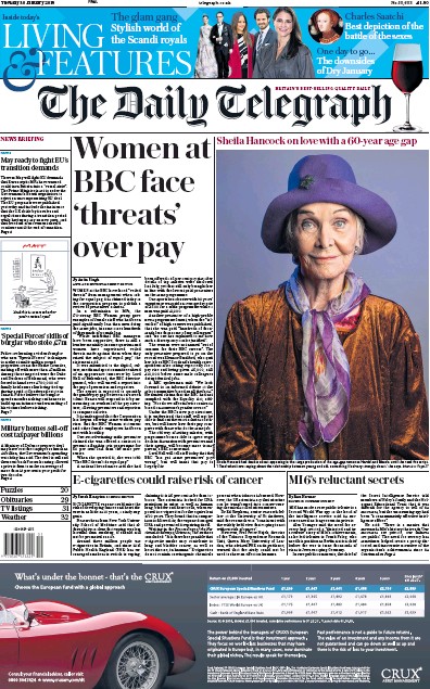 The Daily Telegraph (UK) Newspaper Front Page for 30 January 2018