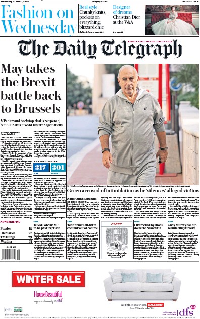 The Daily Telegraph (UK) Newspaper Front Page for 30 January 2019