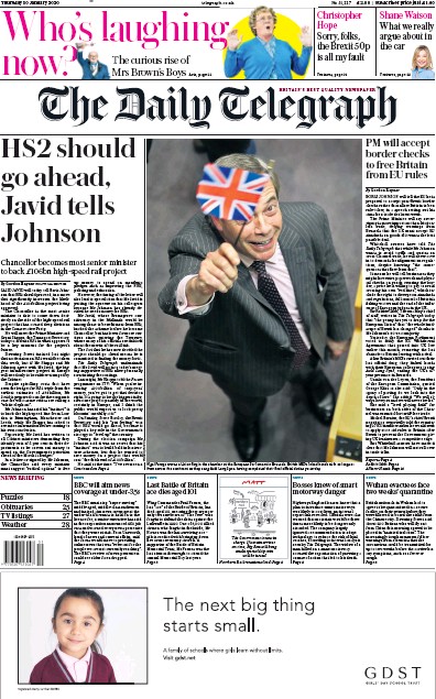 The Daily Telegraph Newspaper Front Page for 30 January 2020