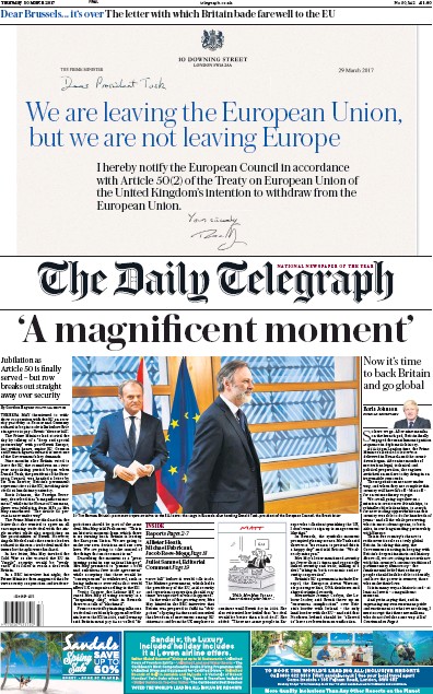 The Daily Telegraph Newspaper Front Page for 30 March 2017