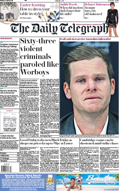 The Daily Telegraph Newspaper Front Page for 30 March 2018