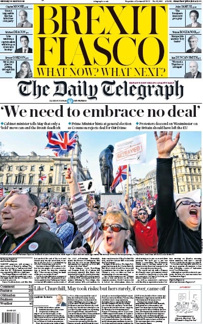 The Daily Telegraph (UK) Newspaper Front Page for 30 March 2019