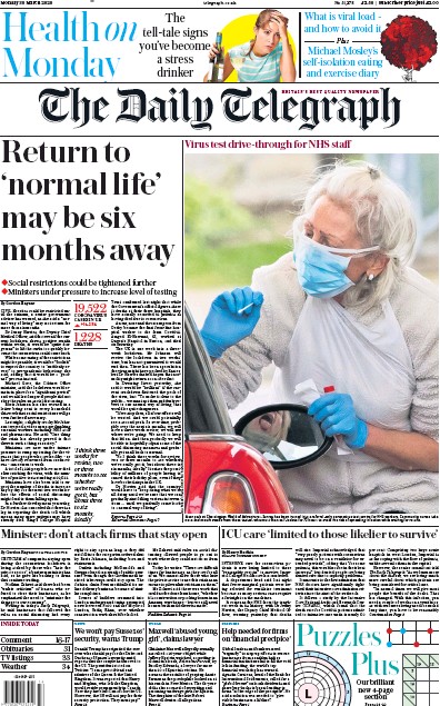 The Daily Telegraph Newspaper Front Page for 30 March 2020