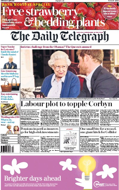 The Daily Telegraph Newspaper Front Page for 30 April 2016