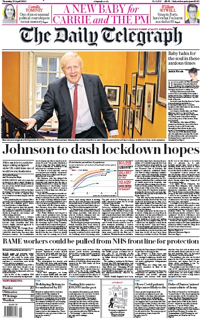 The Daily Telegraph Newspaper Front Page for 30 April 2020