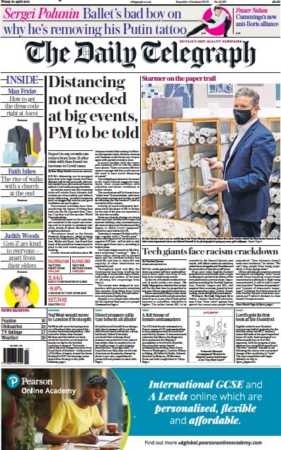 The Daily Telegraph (UK) Newspaper Front Page for 30 April 2021