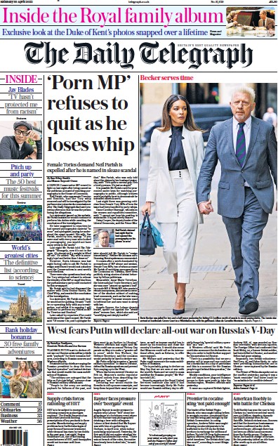 The Daily Telegraph (UK) Newspaper Front Page for 30 April 2022