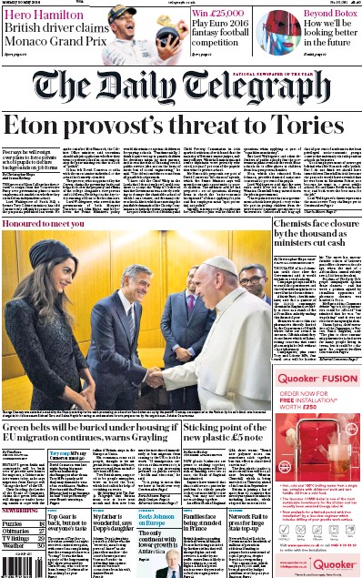 The Daily Telegraph Newspaper Front Page for 30 May 2016