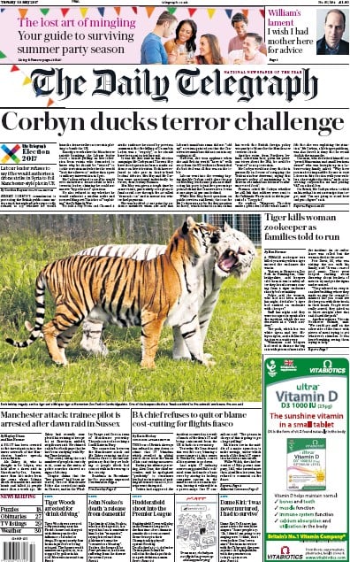 The Daily Telegraph (UK) Newspaper Front Page for 30 May 2017