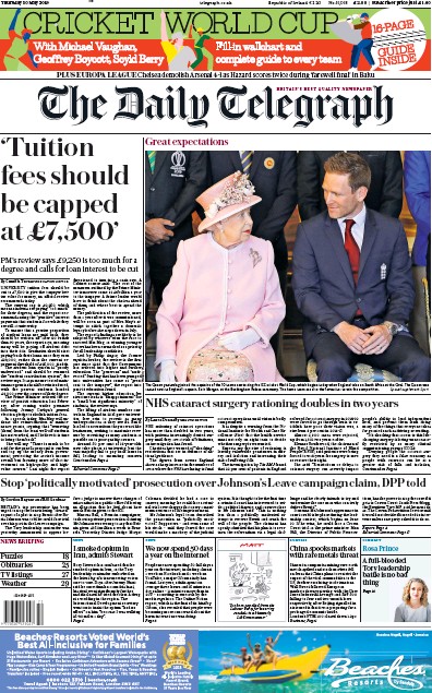 The Daily Telegraph (UK) Newspaper Front Page for 30 May 2019