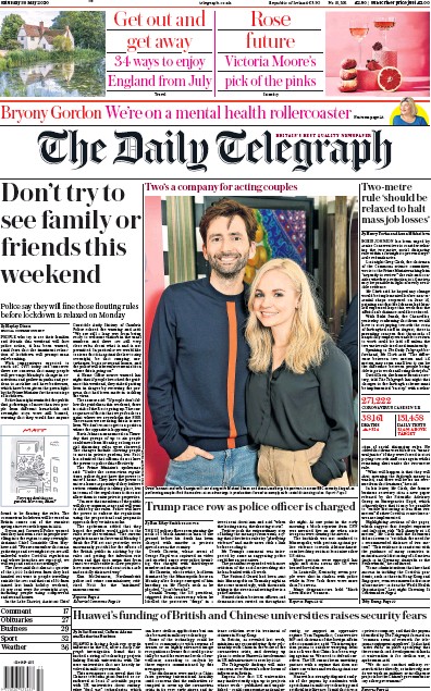 The Daily Telegraph Newspaper Front Page for 30 May 2020