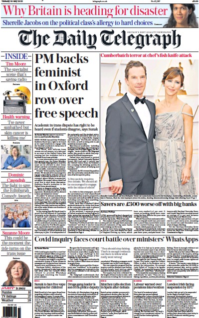The Daily Telegraph (UK) Newspaper Front Page for 30 May 2023