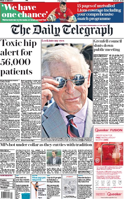 The Daily Telegraph Newspaper Front Page for 30 June 2017
