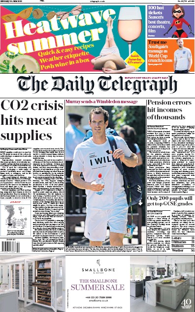 The Daily Telegraph (UK) Newspaper Front Page for 30 June 2018